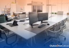 an empty workspace with computers on the table