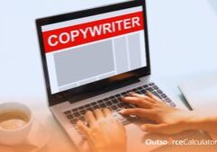 a person typing on a laptop with a word "copywriter" on screen. There's a coffee beside the laptop.