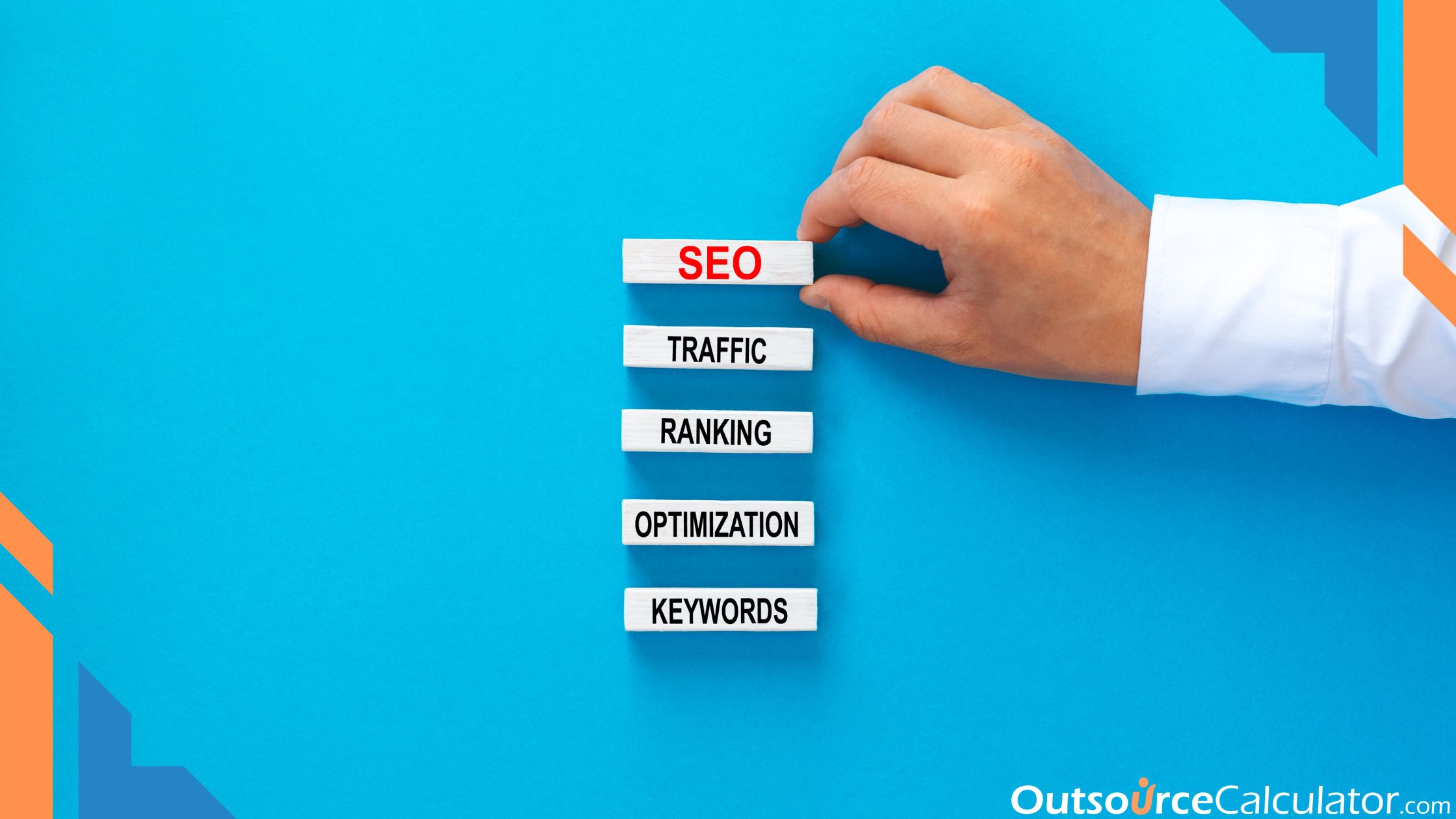 a person holding on a word "SEO". There are also words below "Traffic", "Ranking", "Optimization", and "Keyword".