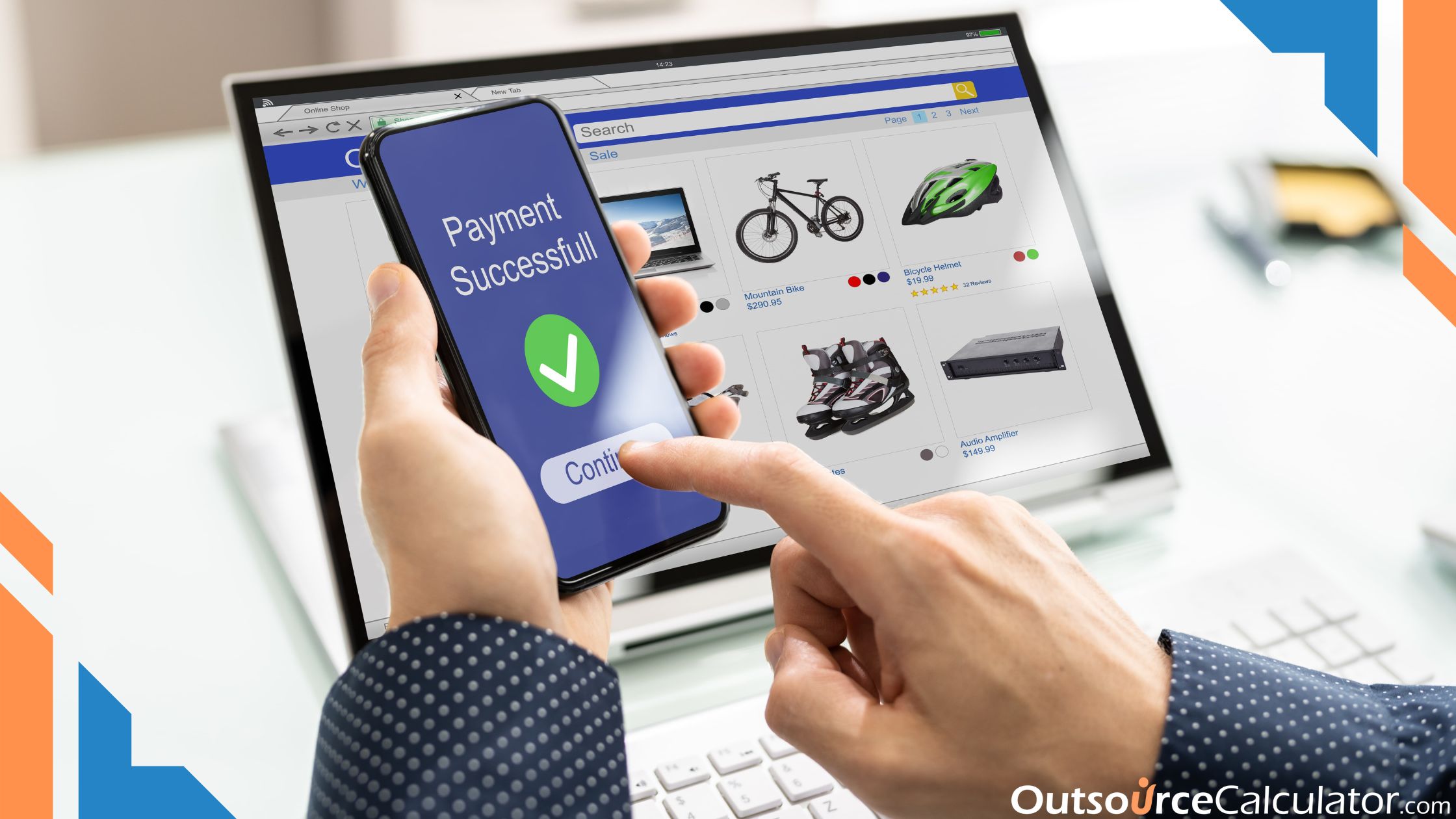 a person making an online purchase on an ecommerce website. a person pointing on a smart phone with a text "payment successful" and a laptop on background