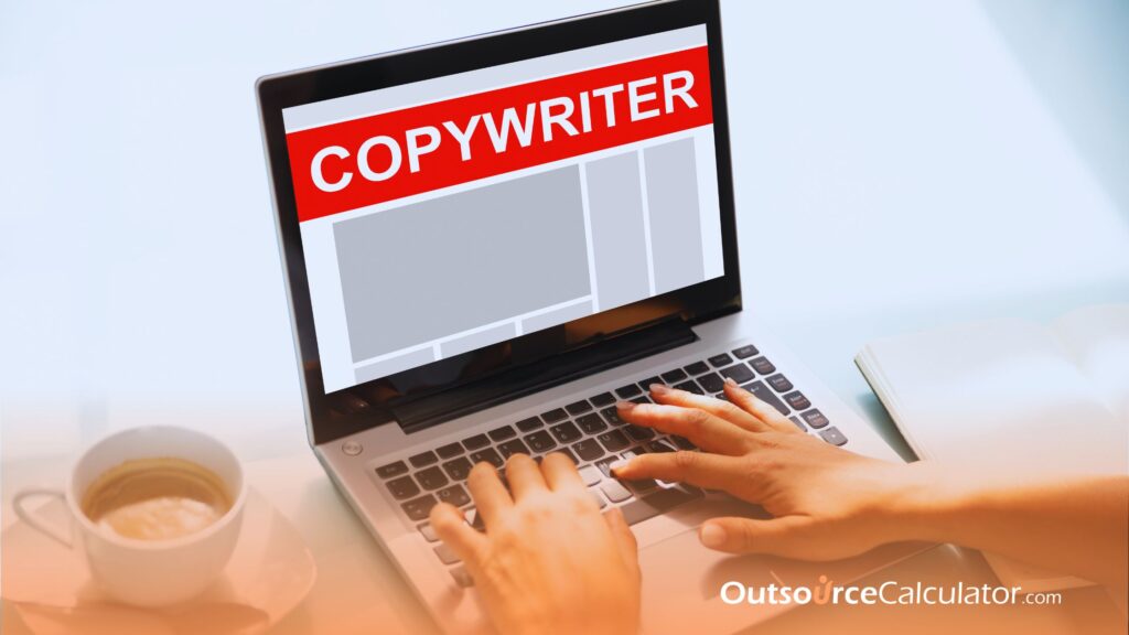 a person typing on a laptop with a word "copywriter" on screen. There's a coffee beside the laptop.